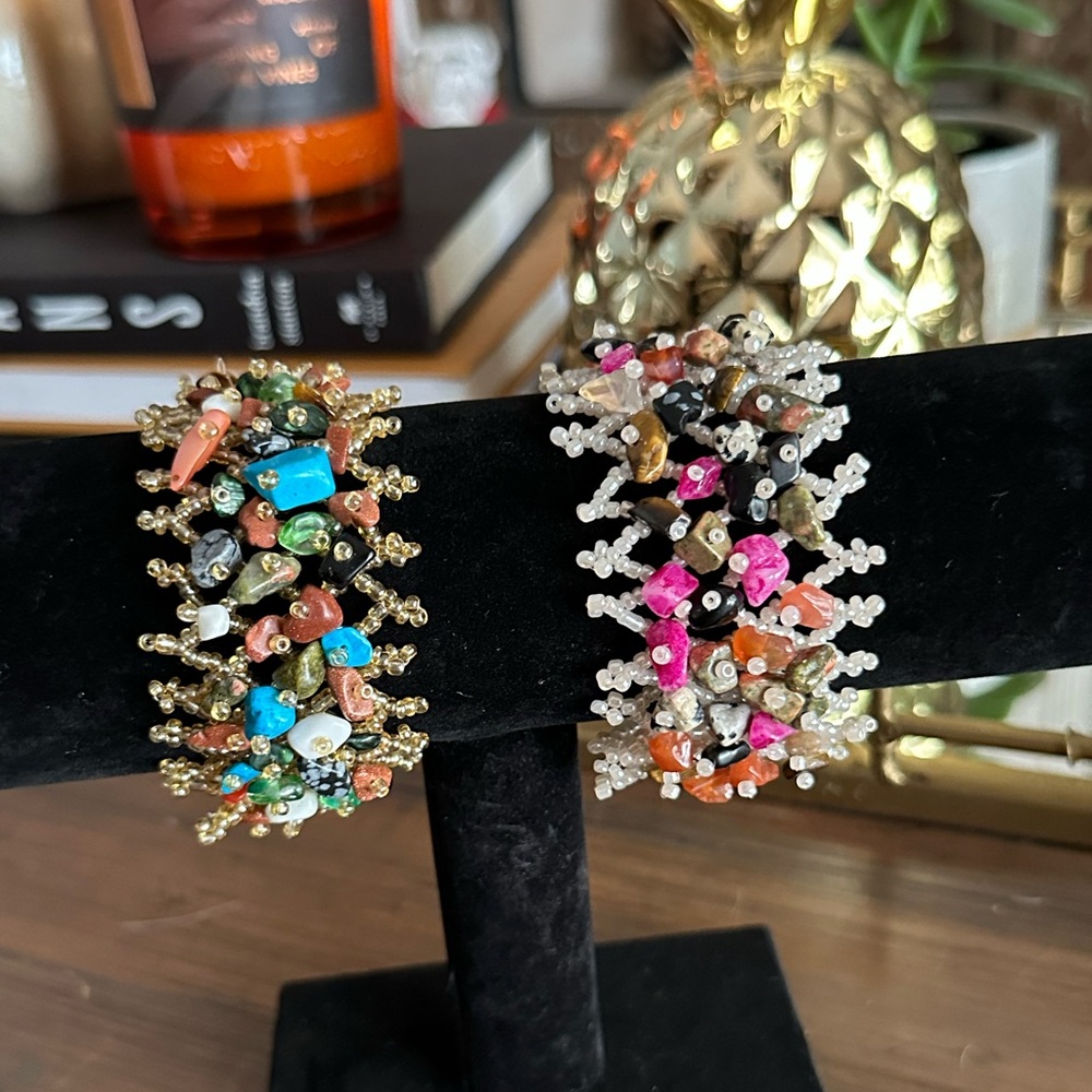 Hand Beaded Bracelet Pair - Seed Beads and Semi Precious Stones - Made in Uganda